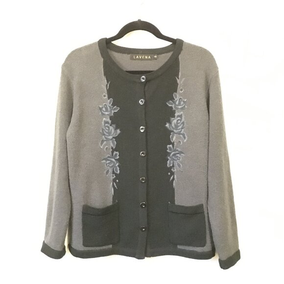 Lavena Black and Grey Embroidered Nubby Button Down Dark Cottage Cardigan - Picture 2 of 15